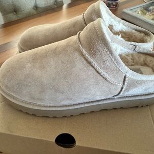 UGG Plush Suede Slip-On Slippers in Light Taupe